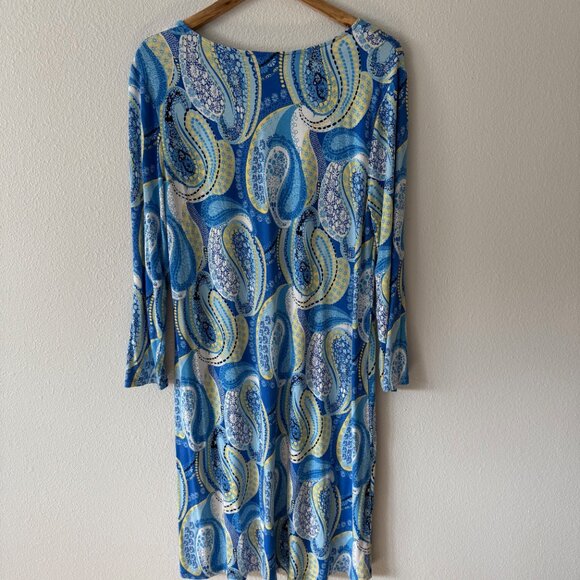 Pappagallo Blue Paisley‎ Jersey Stretch 3/4 Sleeve Dress Size L - Picture 3 of 7